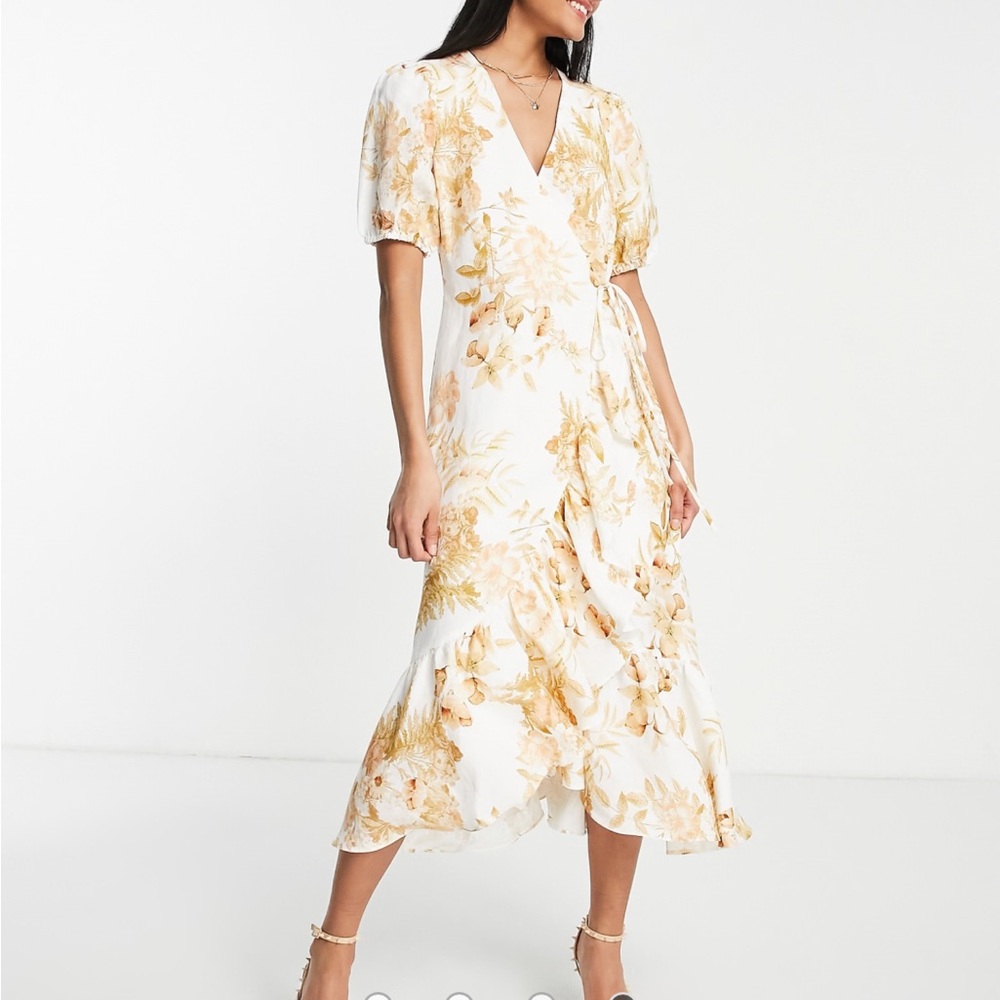 Asos Ever New puff sleeve wrap midi dress in ivory and gold floral